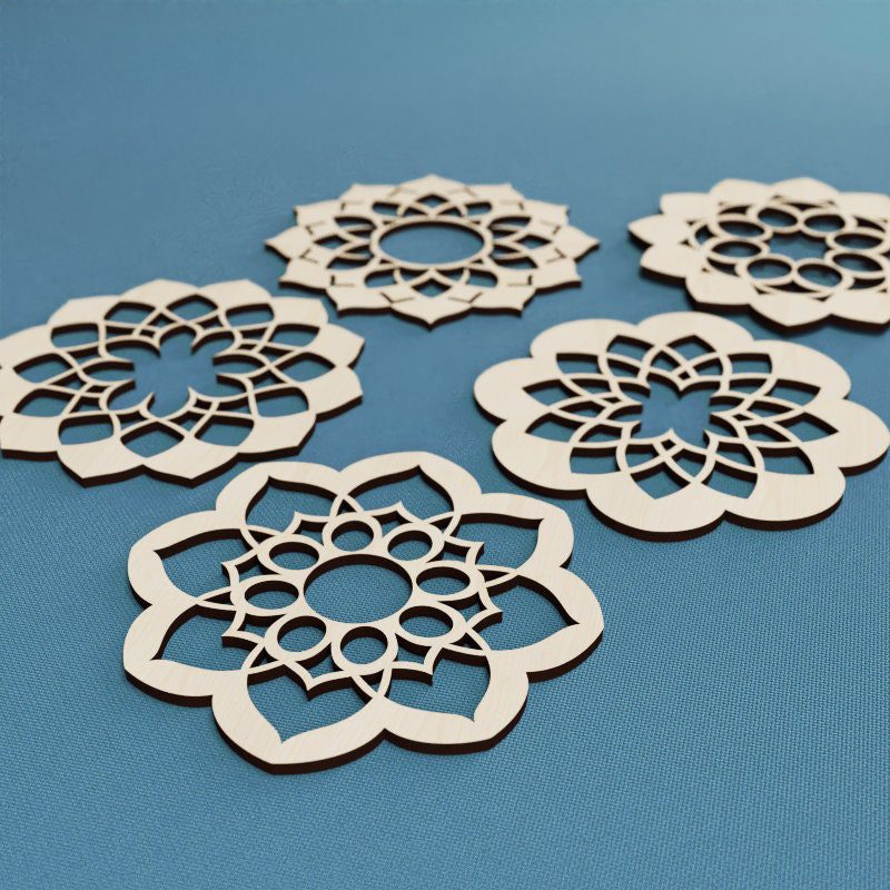 5 Coasters Lotus Laser Cut File, Cup Mat