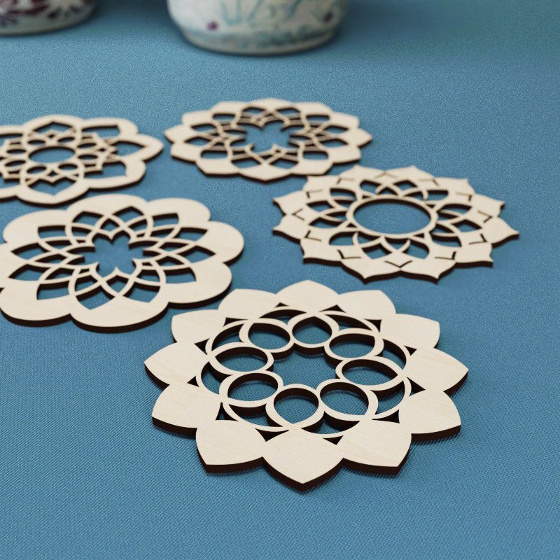 5 Coasters Lotus Laser Cut File, Cup Mat