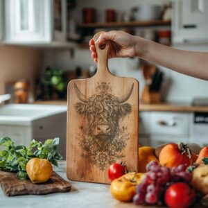 Charcuterie Board Engraving File, Highland Cow and Flowers,