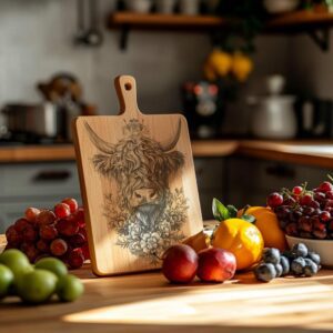 Charcuterie Board Engraving File, Highland Cow and Flowers,