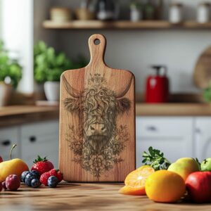 Charcuterie Board Engraving File, Highland Cow and Flowers,