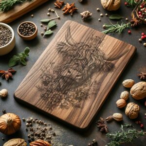 Charcuterie Board Engraving File, Highland Cow and Flowers,