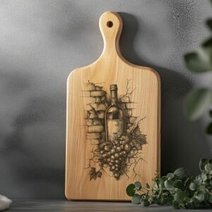 Charcuterie Board Engraving File, Wine Bottle, Grapes, 3D