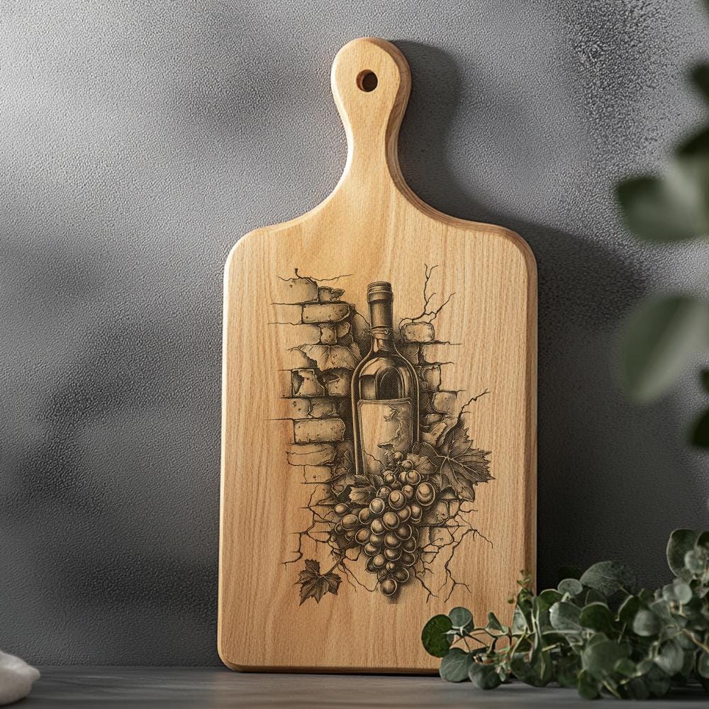 Charcuterie Board Engraving File, Wine Bottle, Grapes, 3D