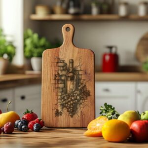 Charcuterie Board Engraving File, Wine Bottle, Grapes, 3D