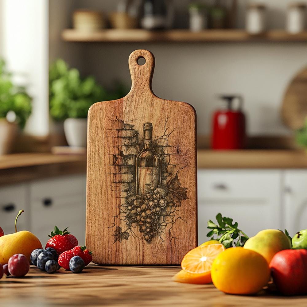 Charcuterie Board Engraving File, Wine Bottle, Grapes, 3D