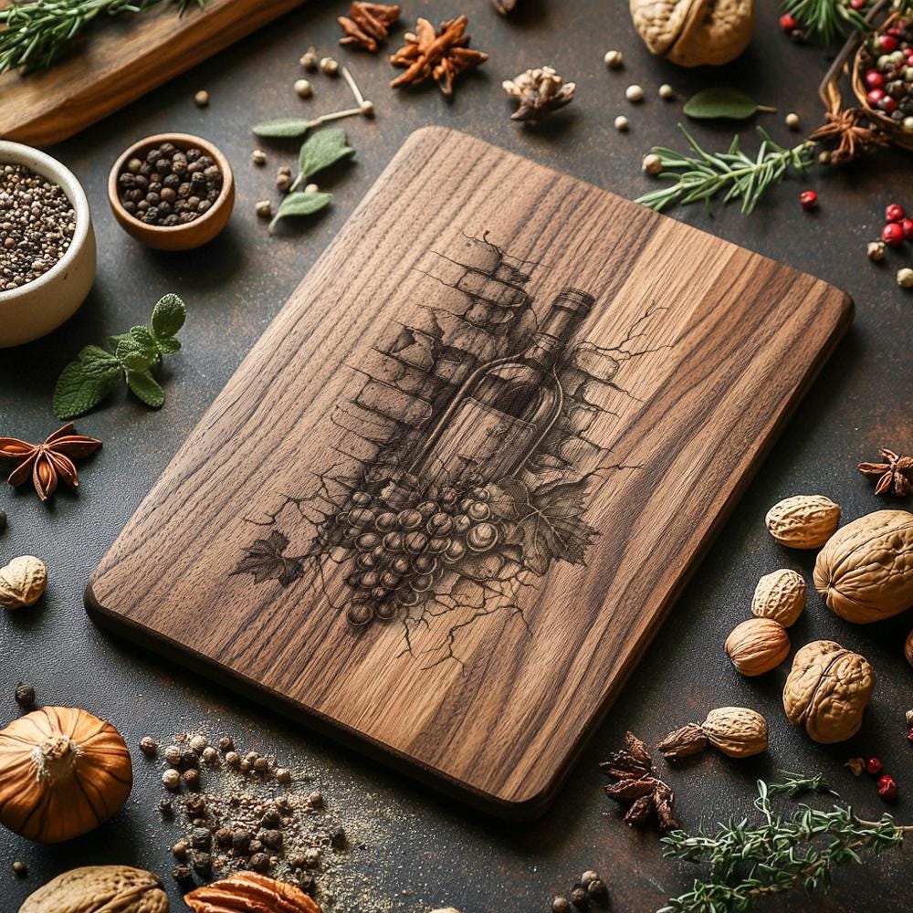 Charcuterie Board Engraving File, Wine Bottle, Grapes, 3D