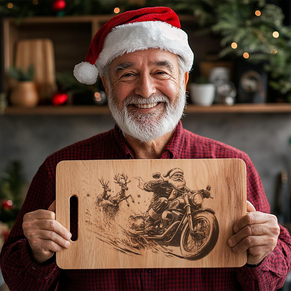 Christmas Santa Claus on Motorcycle, Charcuterie Board Engraving