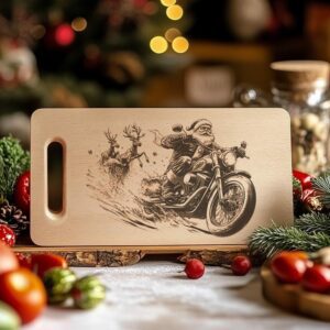 Christmas Santa Claus on Motorcycle, Charcuterie Board Engraving