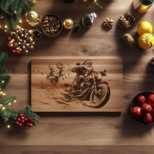Christmas Santa Claus on Motorcycle, Charcuterie Board Engraving