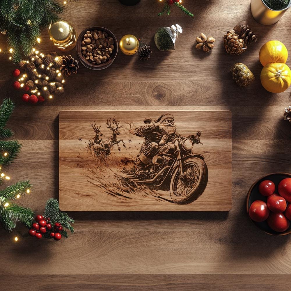 Christmas Santa Claus on Motorcycle, Charcuterie Board Engraving