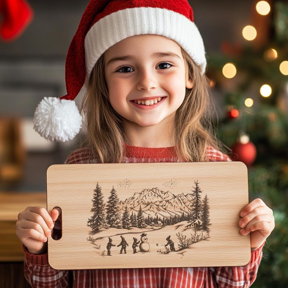 Children Building Snowman Charcuterie Board Engraving | Christmas
