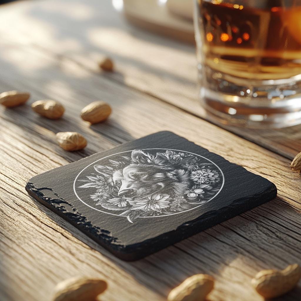Dog & Flower Slate Coaster Laser Engraving File