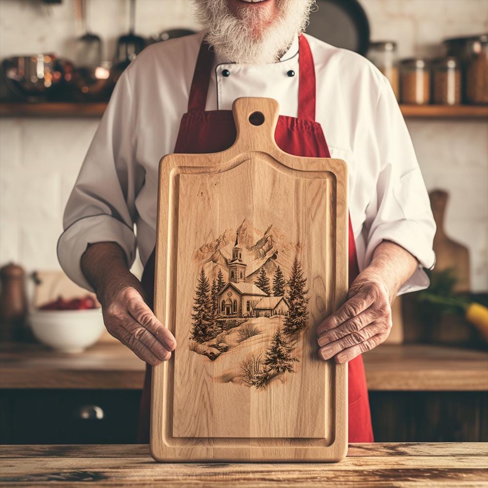 Peaceful Winter Church Charcuterie Board Laser Engraving |