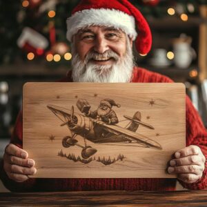 Santa Flying Plane Charcuterie Board Laser Engraving |