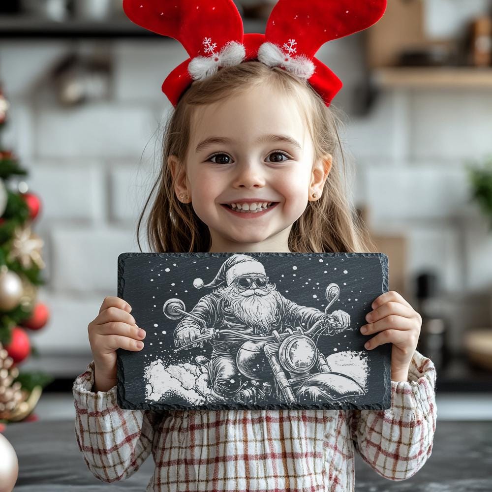Santa on Motorcycle Slate Cheese Board Engraving |