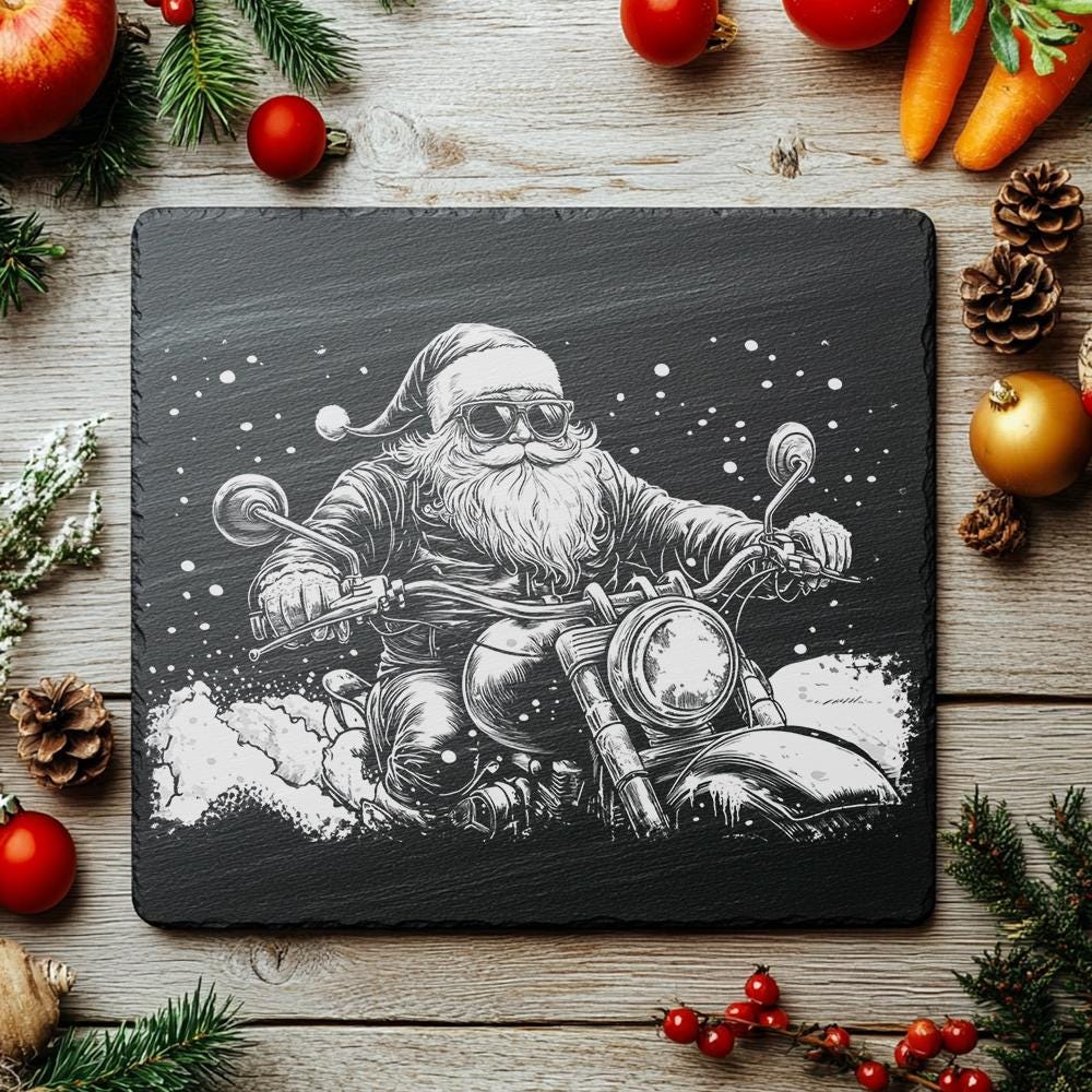 Santa on Motorcycle Slate Cheese Board Engraving |