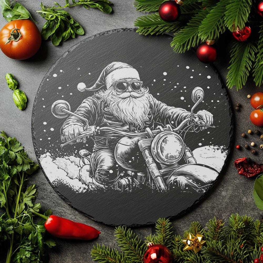 Santa on Motorcycle Slate Cheese Board Engraving |