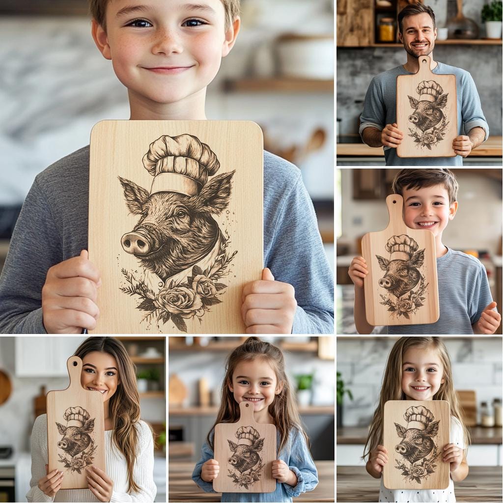 6 Animal Chef Charcuterie Board Engravings, 3D Illusion