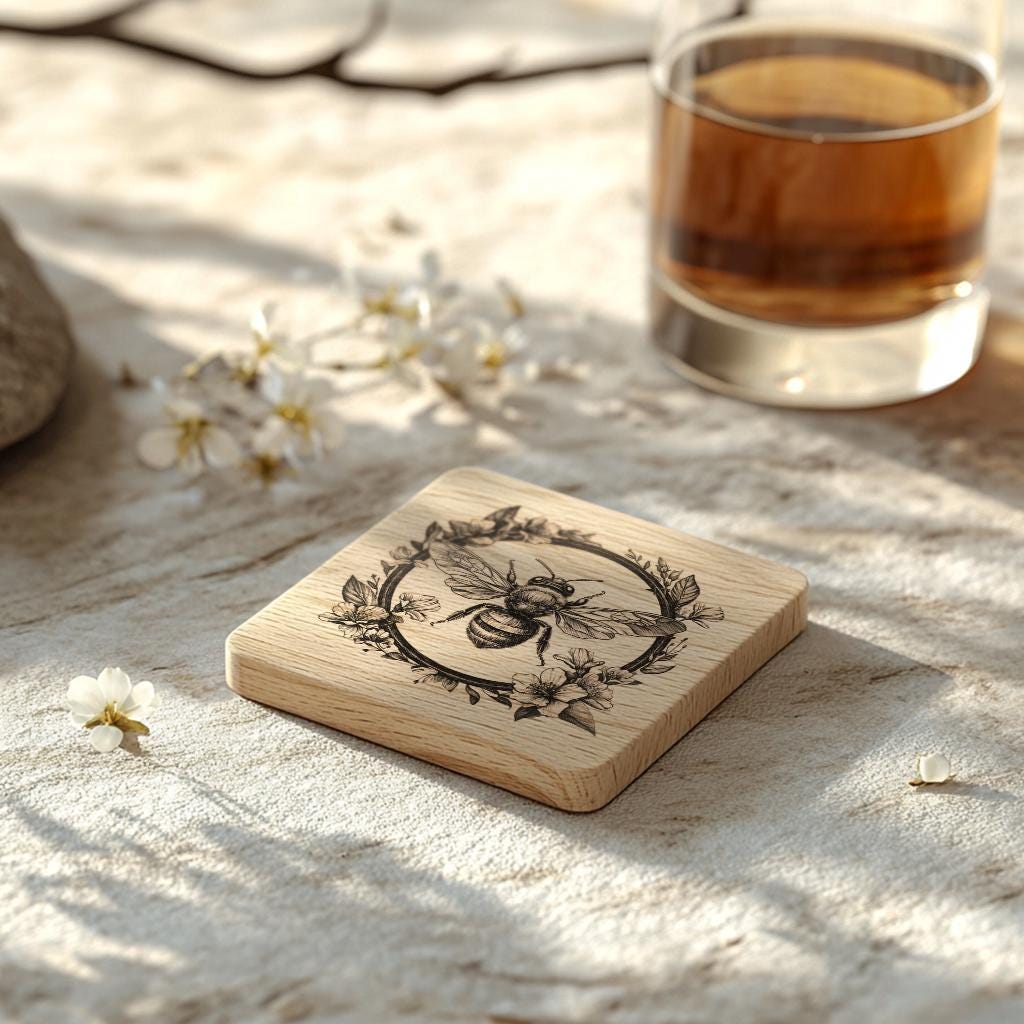 Bee and Flower 3D Illusion Wood Coaster Engraving