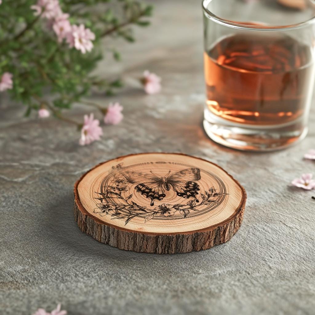 Butterfly and Flower 3D Illusion Wood Coaster Engraving