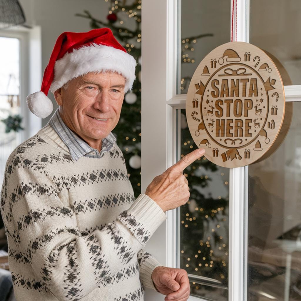 Christmas Round Sign Engraving, Santa Stop Here |