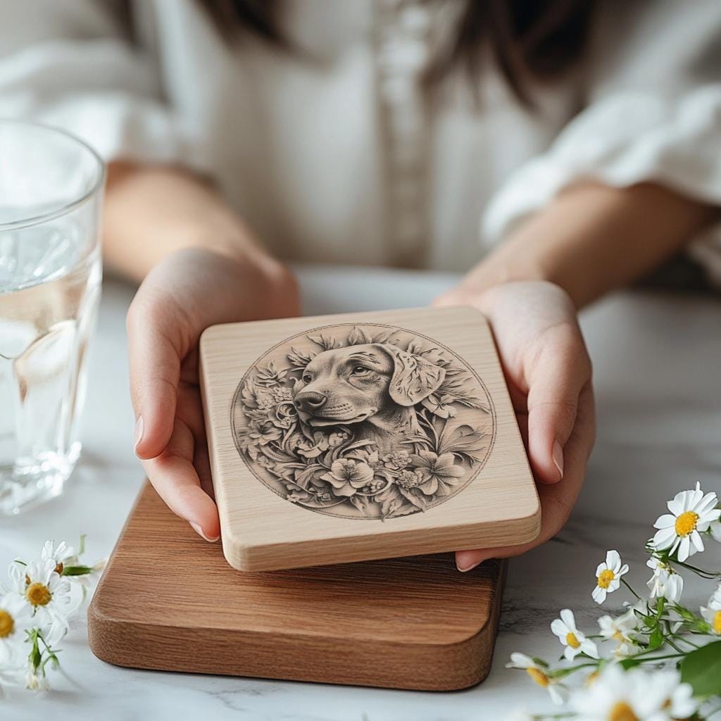 Dog and Flower 3D Illusion Wood Coaster Engraving
