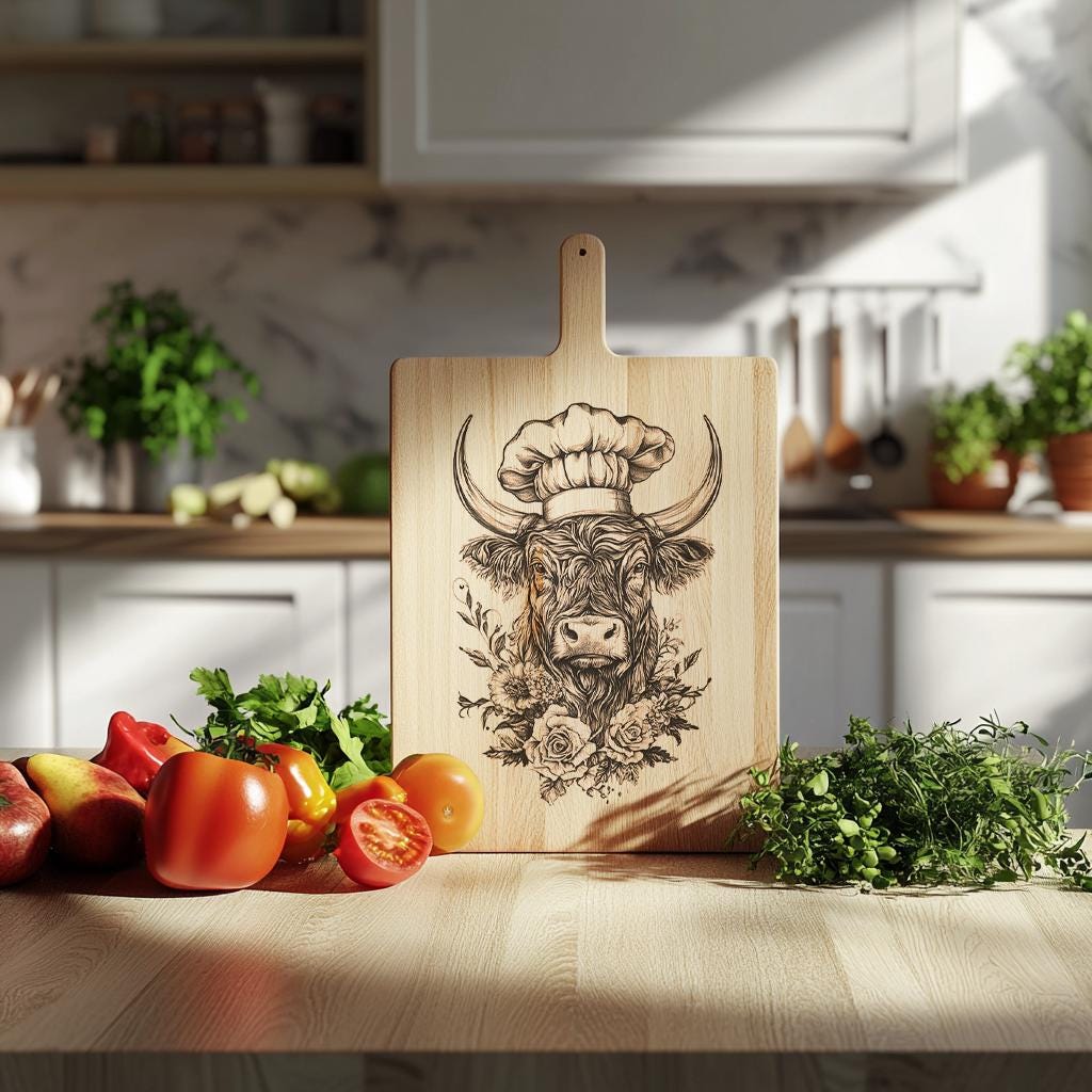 Highland Cow Chef Charcuterie Board Engraving File |