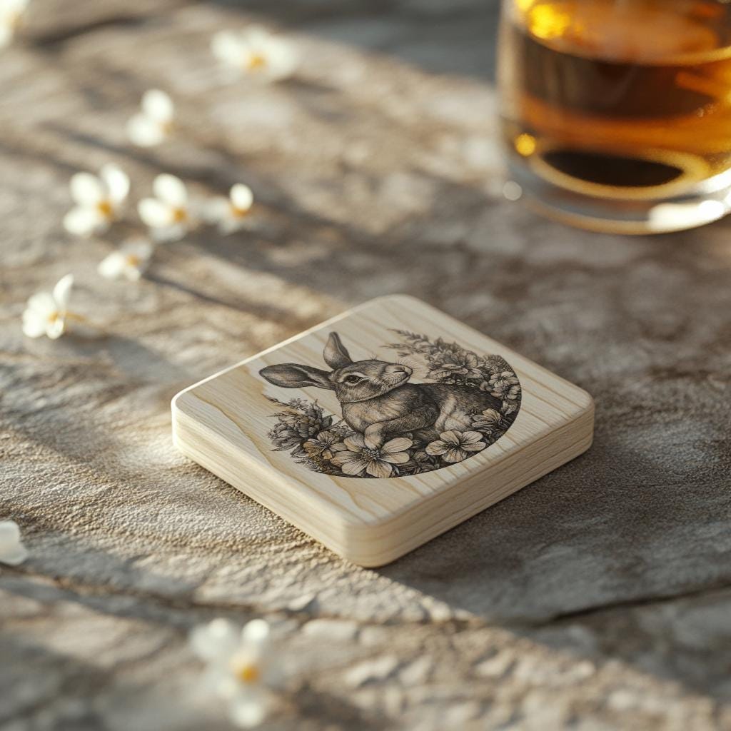 Rabbit and Flower 3D Illusion Wood Coaster Engraving