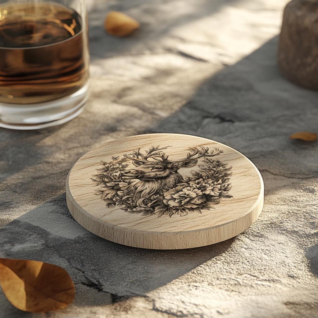Reindeer Flower 3D Illusion Wood Coaster Engraving |