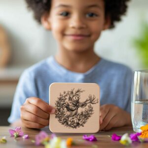 Reindeer Flower 3D Illusion Wood Coaster Engraving |
