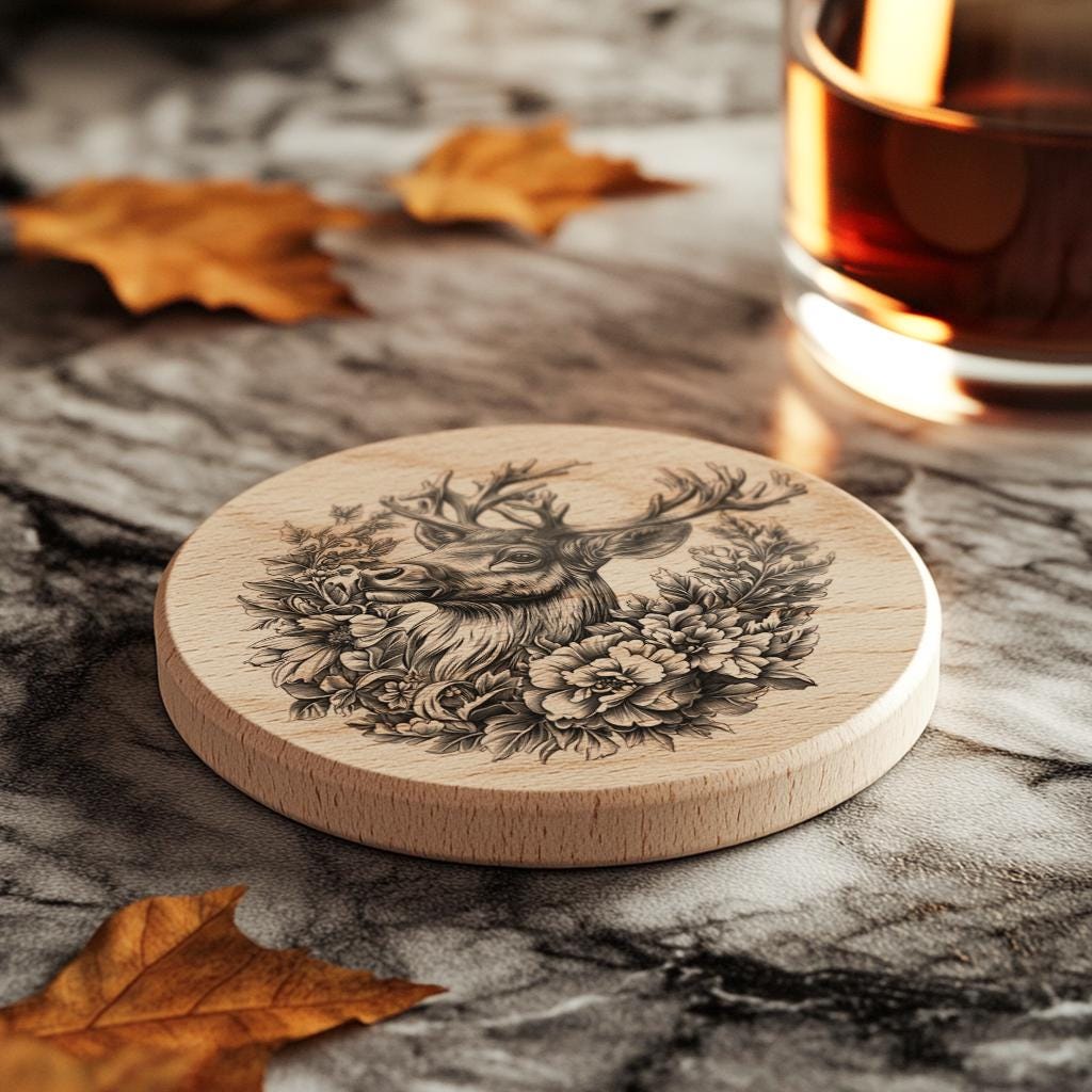 Reindeer Flower 3D Illusion Wood Coaster Engraving |