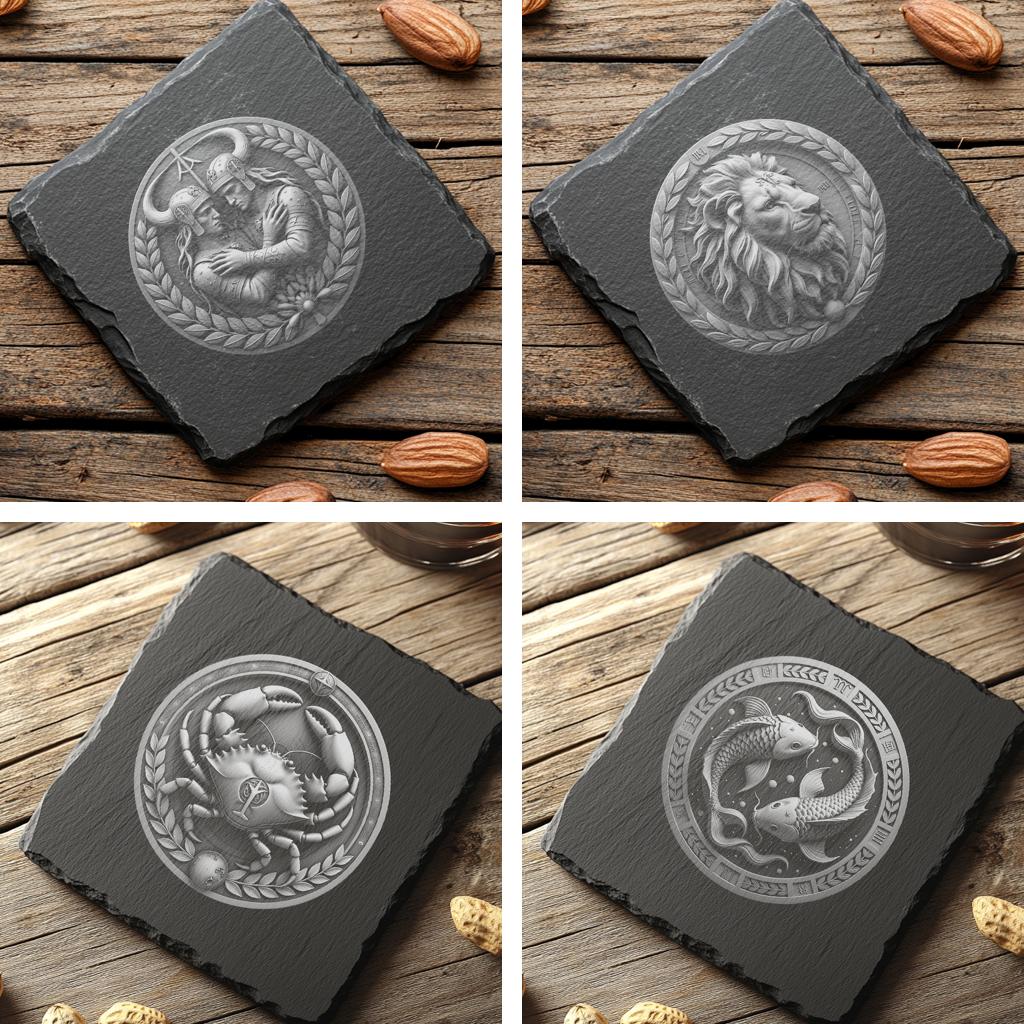 12 Zodiac Horoscope 3D Illusion Slate Coaster Engraving