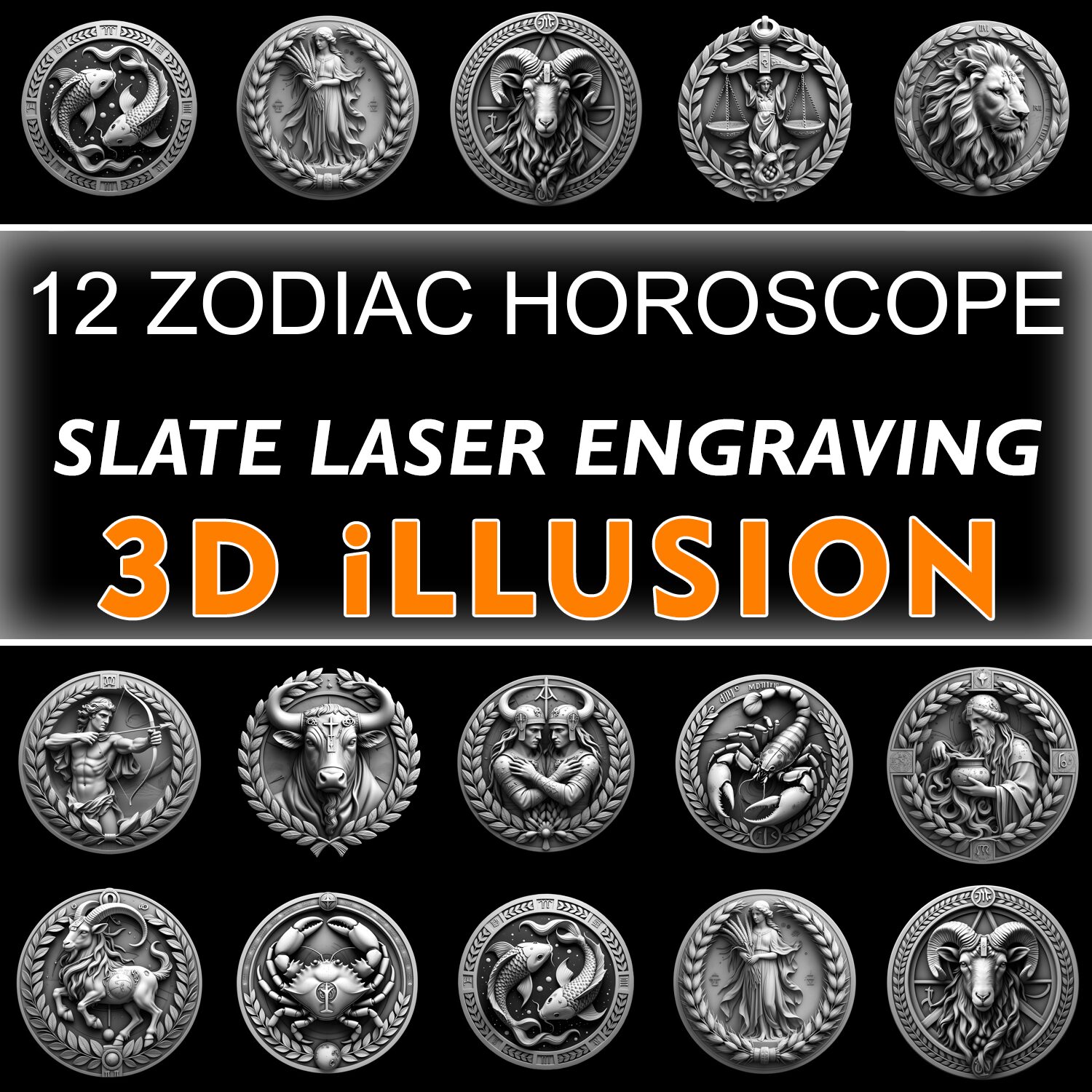 12 Zodiac Horoscope 3D Illusion Slate Coaster Engraving