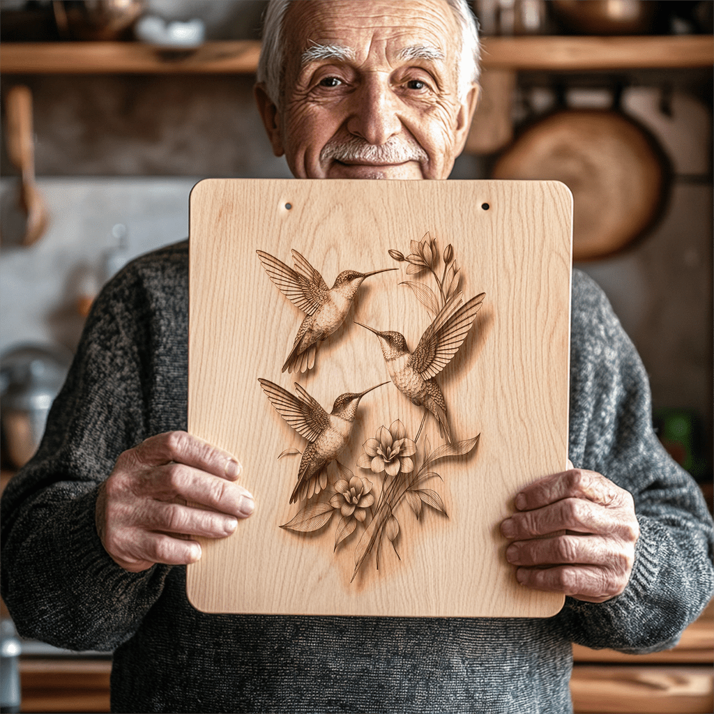 3D Illusion Charcuterie Board Engraving File, Hummingbird Family