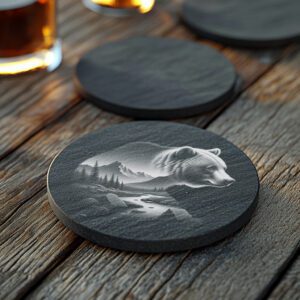 Bear and Mountain Double Exposure Slate Coaster Engraving