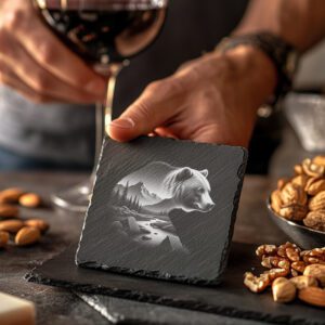 Bear and Mountain Double Exposure Slate Coaster Engraving