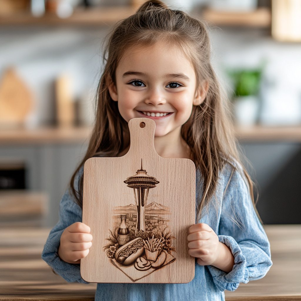 Charcuterie Board Engraving, Hotdog Stand and Space Needle,