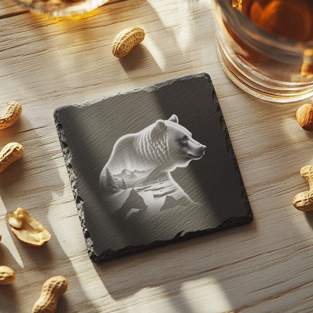 Double Exposure Bear Mountains Slate Coaster Design, Laser