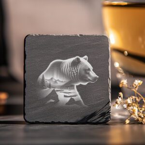 Double Exposure Bear Mountains Slate Coaster Design, Laser