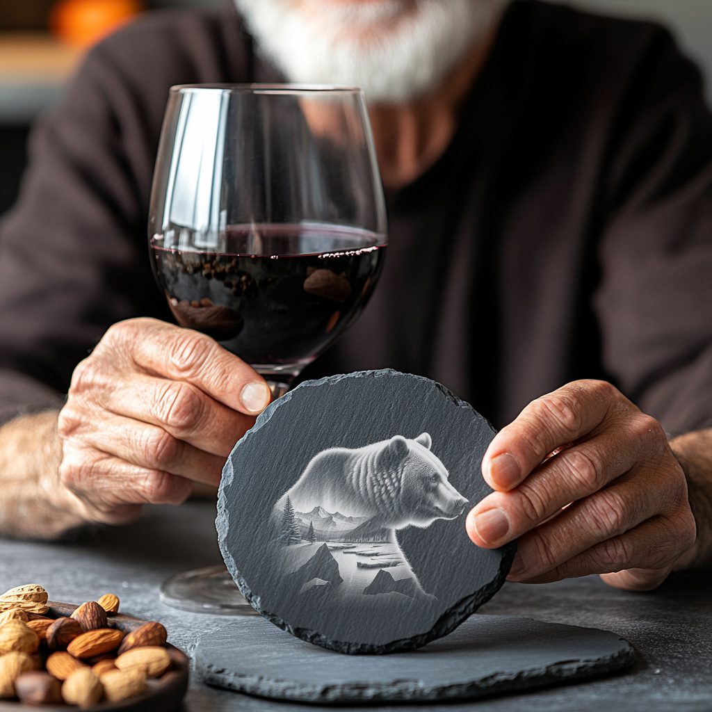 Double Exposure Bear Mountains Slate Coaster Design, Laser
