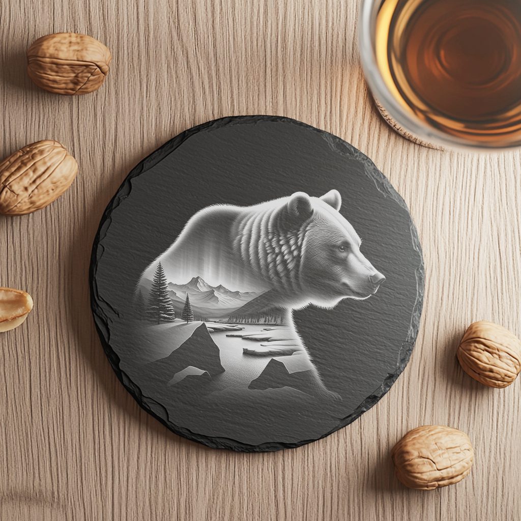 Double Exposure Bear Mountains Slate Coaster Design, Laser
