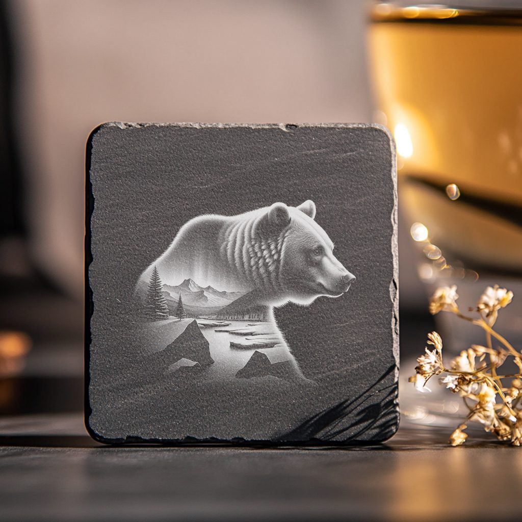 Double Exposure Bear Mountains Slate Coaster Design, Laser