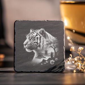 Double Exposure Tiger and Japanese Pagoda Slate Coaster