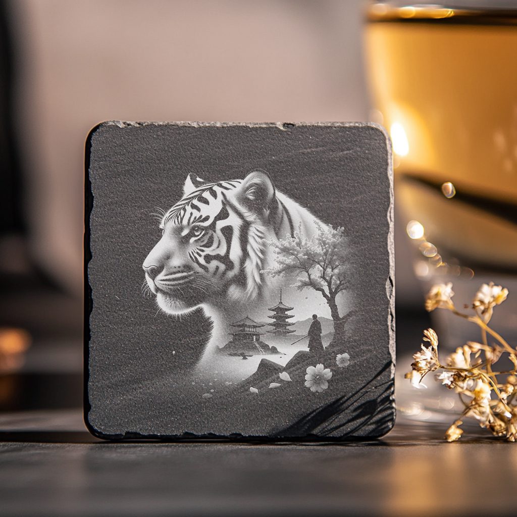 Double Exposure Tiger and Japanese Pagoda Slate Coaster