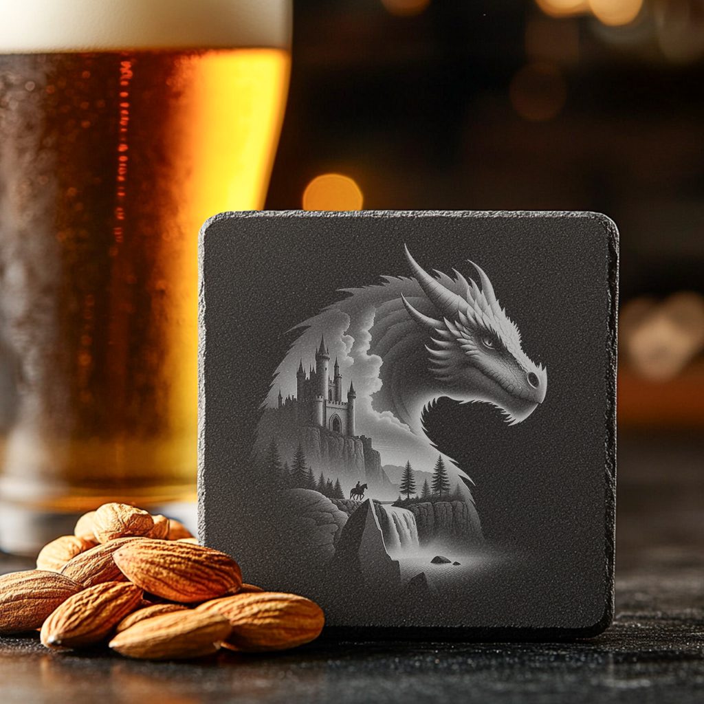 Dragon Castle Double Exposure Slate Coaster Engraving File,