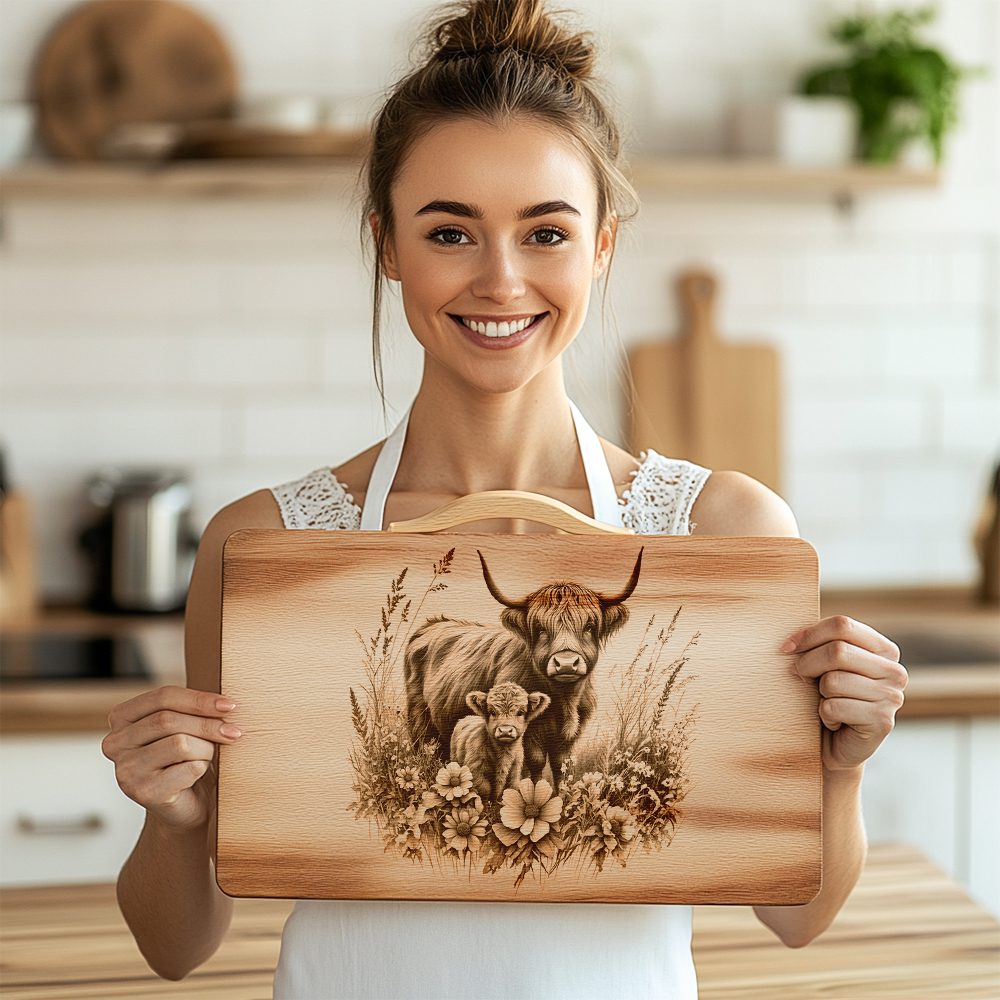 Highland Cow Family Charcuterie Board Engraving File, Rustic