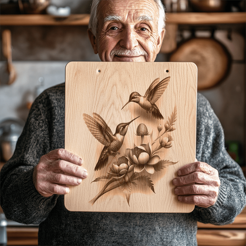 Hummingbird Couple 3D Illusion Charcuterie Board Laser Engraving