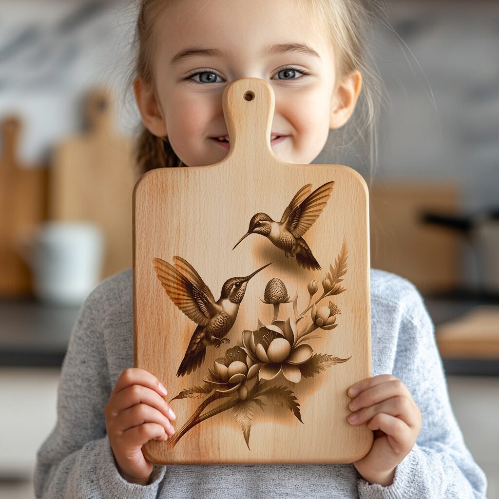 Hummingbird Couple 3D Illusion Charcuterie Board Laser Engraving