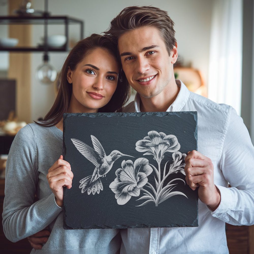 Hummingbird Flower Engraving Design for Slate Cheese Board,